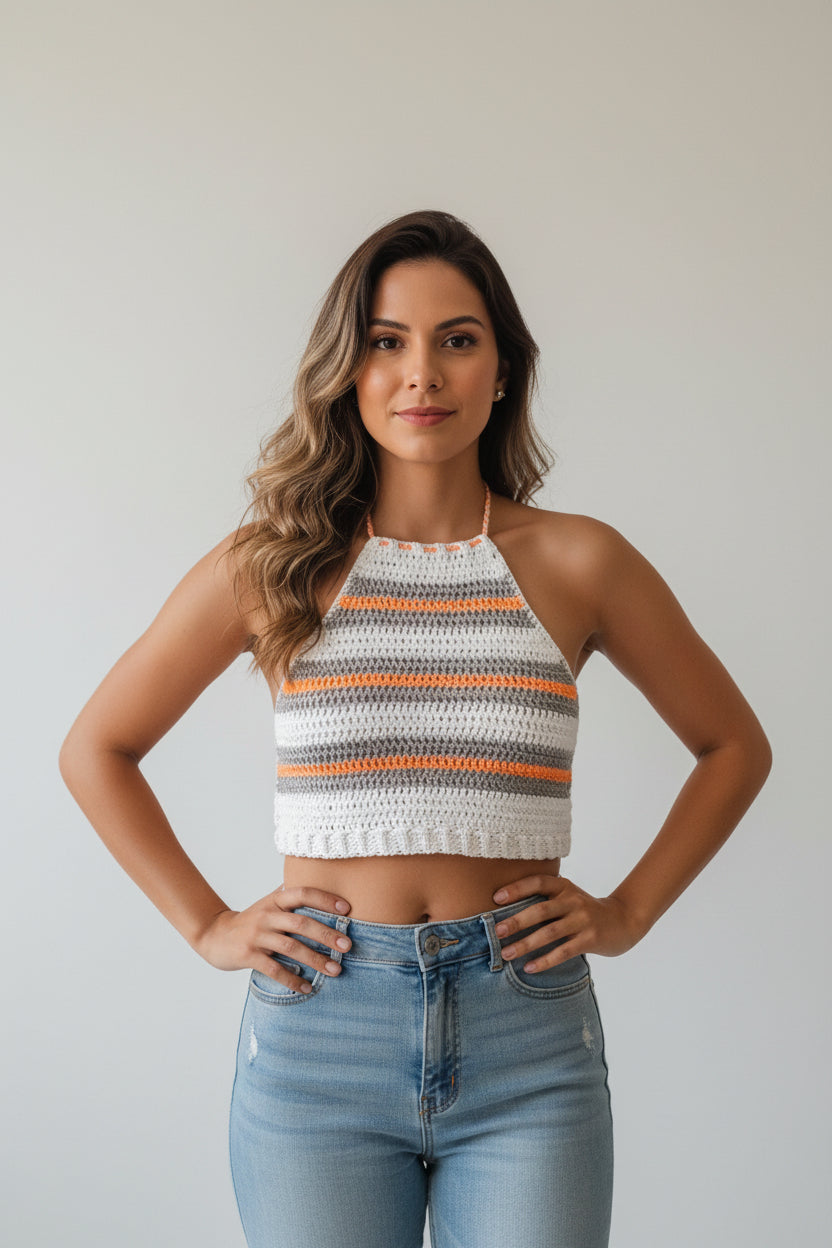 Top Cropped Crochê Listrado - Ajustável P ao G